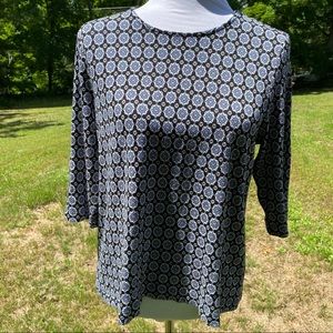 J. JILL WEAREVER COLLECTION TOP BLACK BLUE WHITE FLORAL CREWNECK SIZE MP PETITE